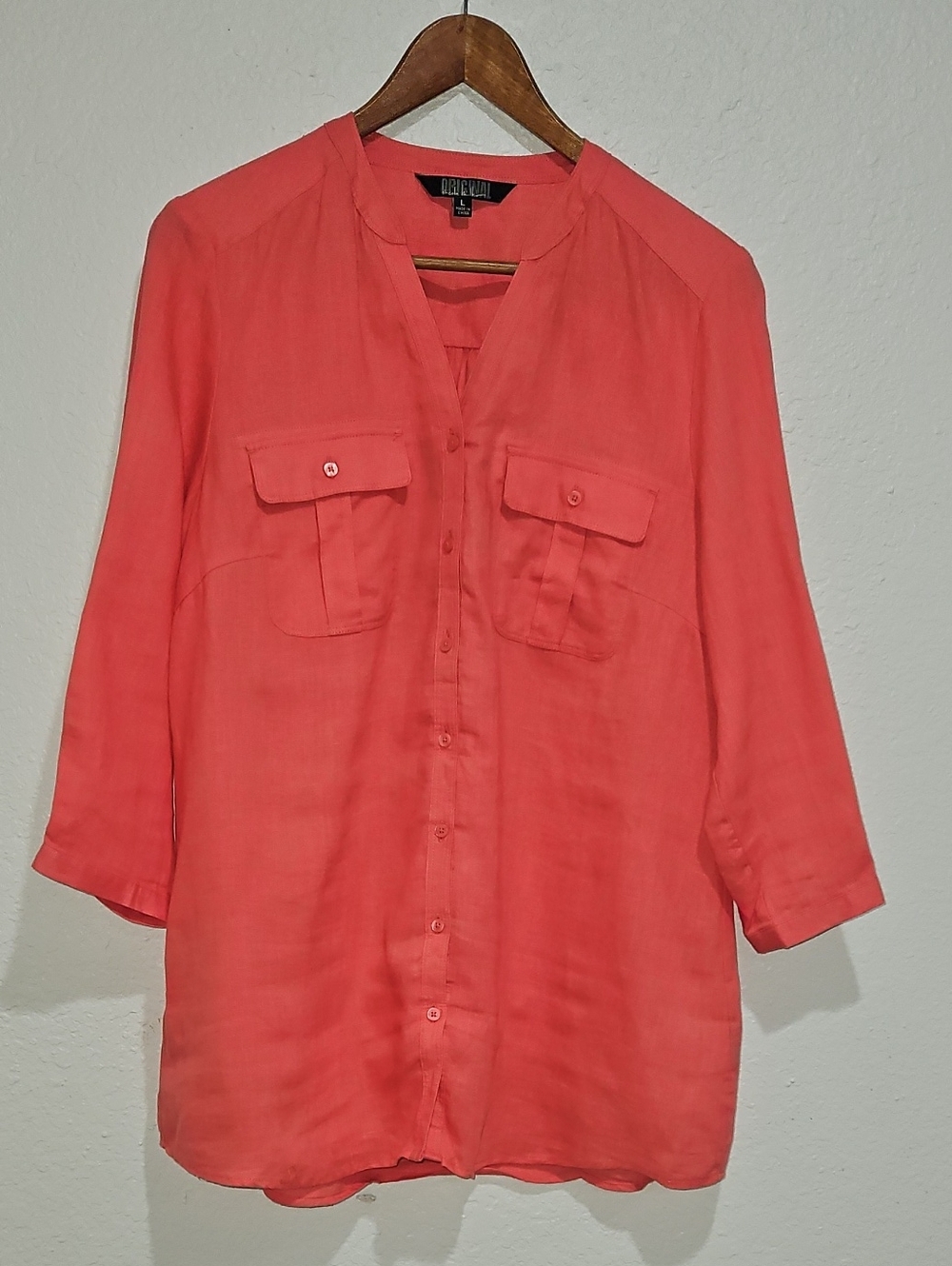 100% Linen Coral-Salmon V-Neck Button Down Blouse